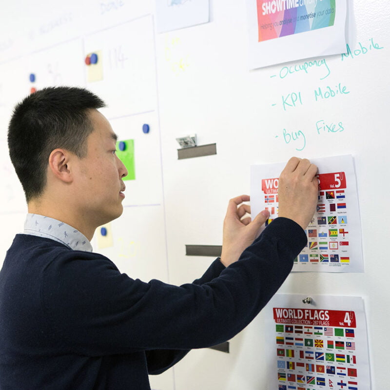 Magnets holding up paper on magnetic whiteboard paint white wall