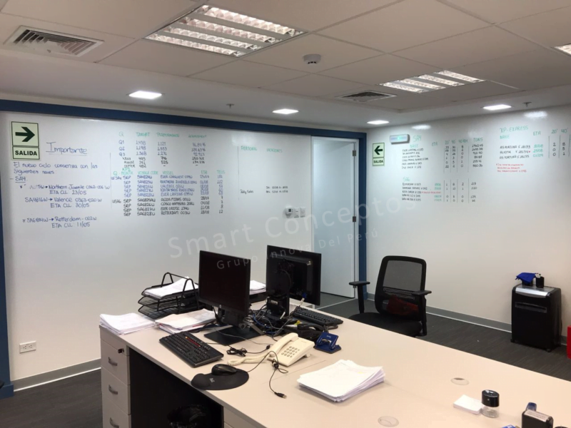 Un espacio de trabajo con dos paredes de pintura pizarra que se integra perfectamente.