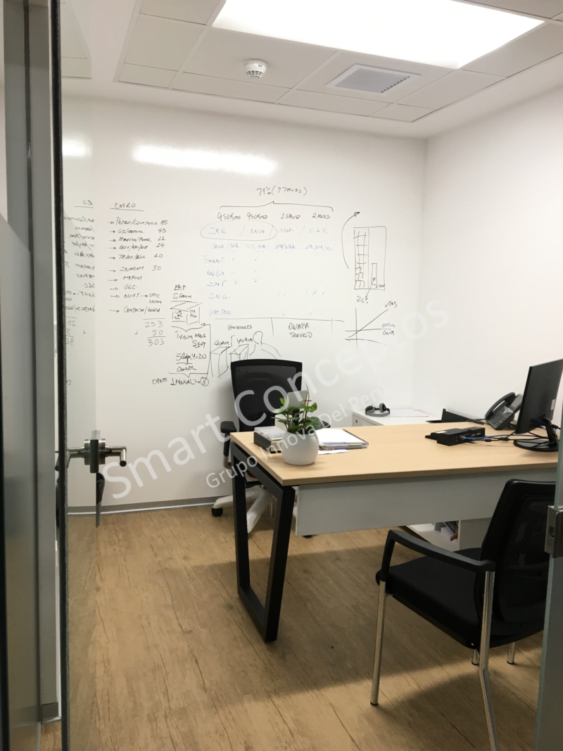 Una oficina con una pared de pintura pizarra que se integra perfectamente.
